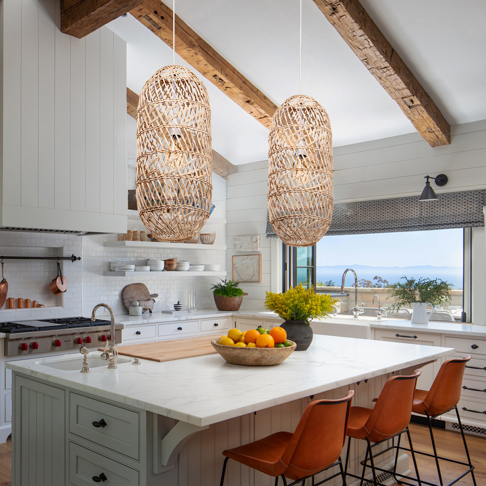 Boho Style Black Rattan Chandelier Natural Wicker Handmade Lampshade