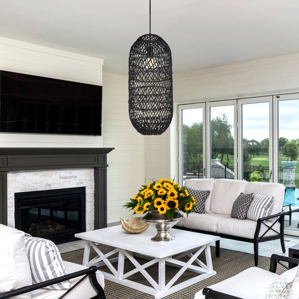 Boho Style Black Rattan Chandelier Natural Wicker Handmade Lampshade