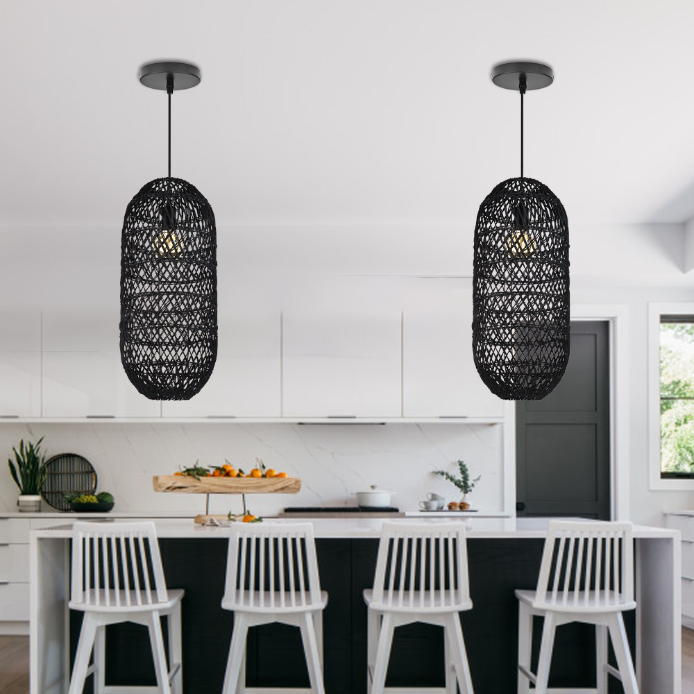 Boho Style Black Rattan Chandelier Natural Wicker Handmade Lampshade