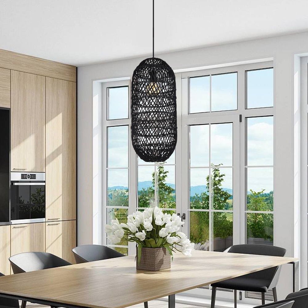 Boho Style Black Rattan Chandelier Natural Wicker Handmade Lampshade