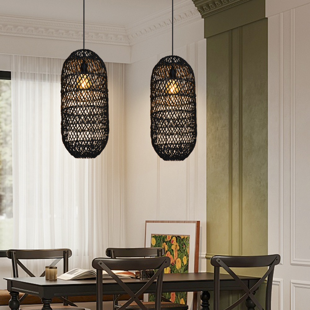 Boho Style Black Rattan Chandelier Natural Wicker Handmade Lampshade