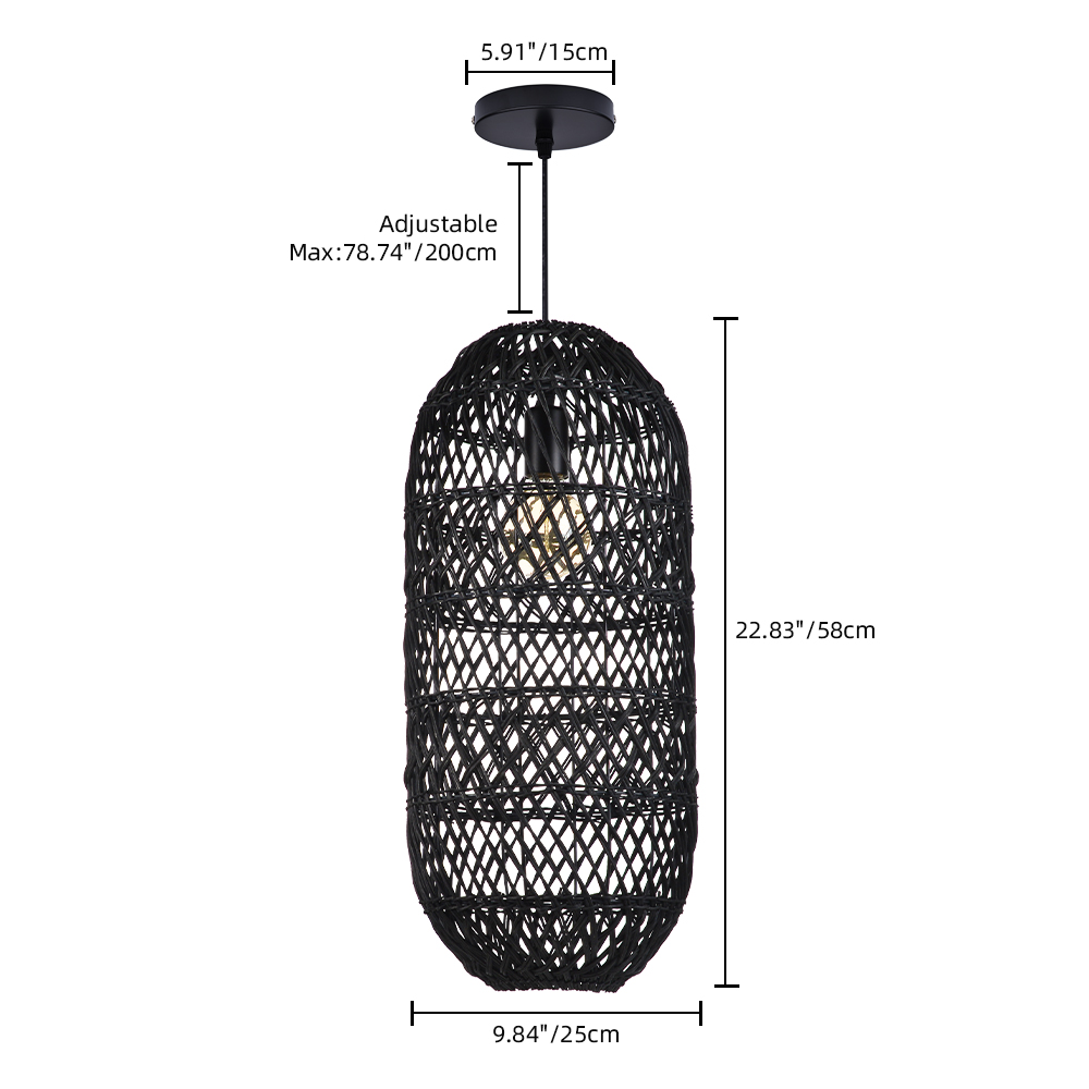 Black Woven Rattan Pendant Light Rustic Bedroom Dining Room Wicker Ceiling Shade