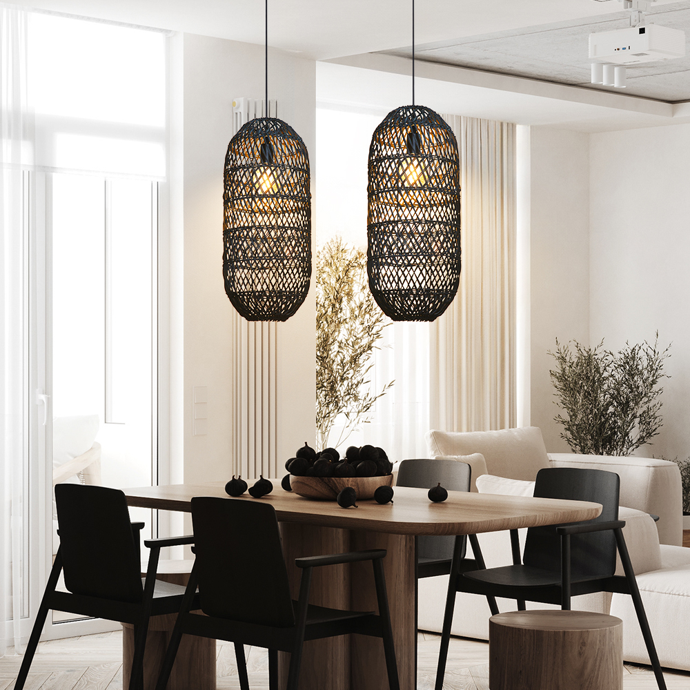 Black Woven Rattan Pendant Light Rustic Bedroom Dining Room Wicker Ceiling Shade