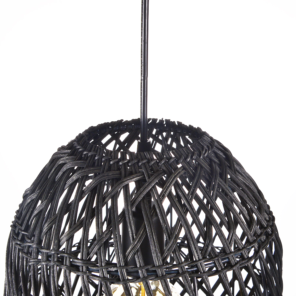 Black Woven Rattan Pendant Light Rustic Bedroom Dining Room Wicker Ceiling Shade