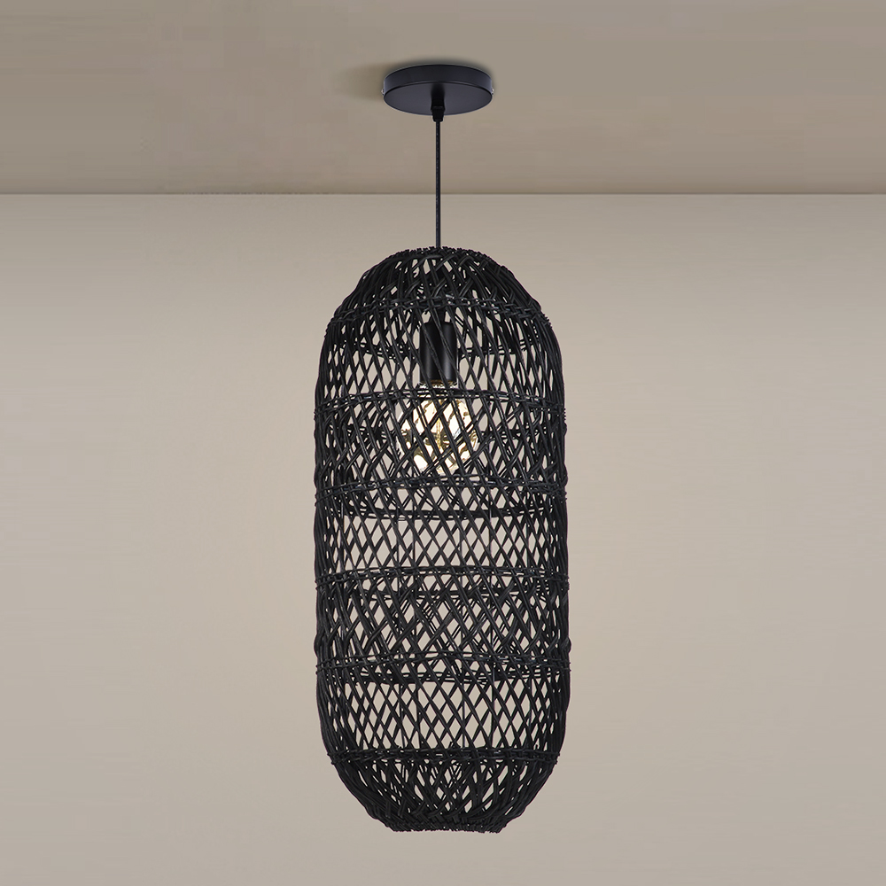 Black Woven Rattan Pendant Light Rustic Bedroom Dining Room Wicker Ceiling Shade