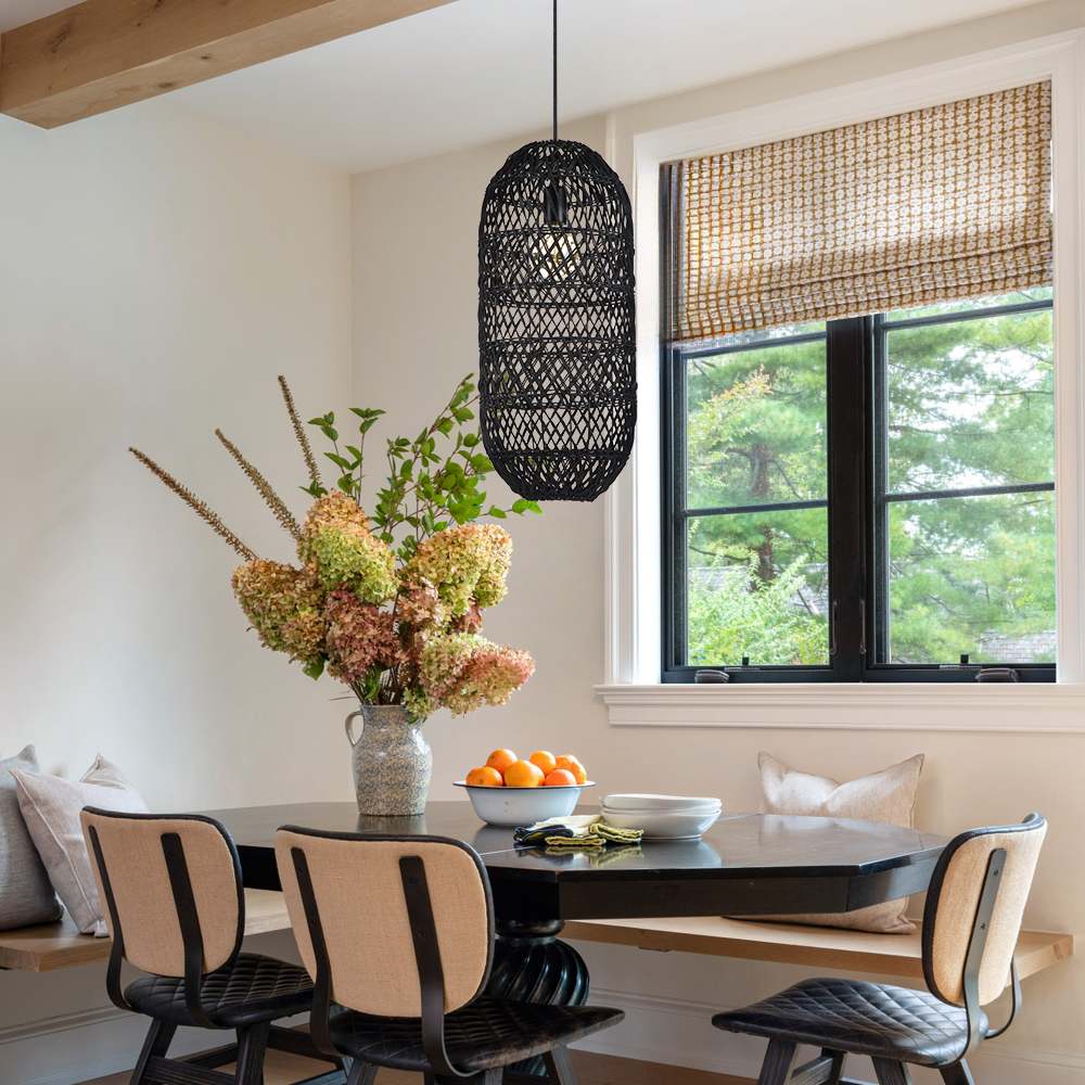 Black Woven Rattan Pendant Light Rustic Bedroom Dining Room Wicker Ceiling Shade