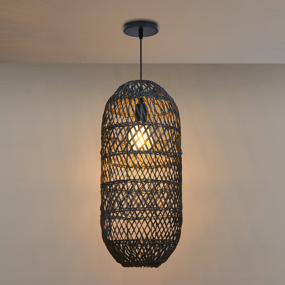 Black Woven Rattan Pendant Light Rustic Bedroom Dining Room Wicker Ceiling Shade