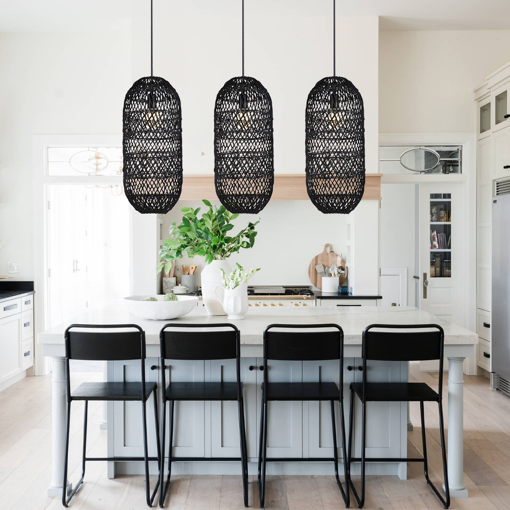 Black Woven Rattan Pendant Light Rustic Bedroom Dining Room Wicker Ceiling Shade
