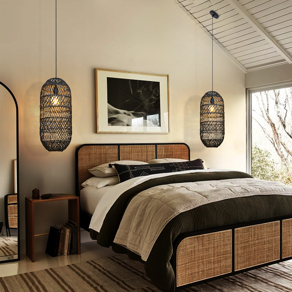 Black Woven Rattan Pendant Light Rustic Bedroom Dining Room Wicker Ceiling Shade