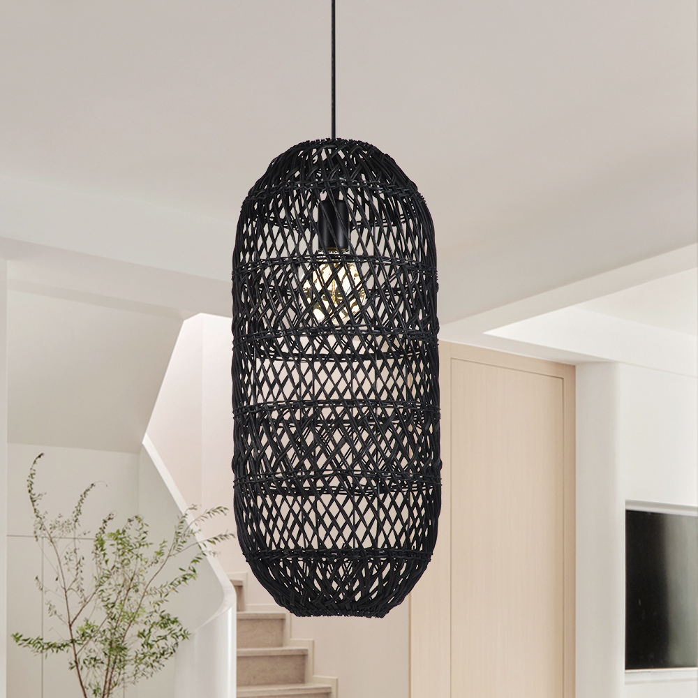 Black Woven Rattan Pendant Light Rustic Bedroom Dining Room Wicker Ceiling Shade