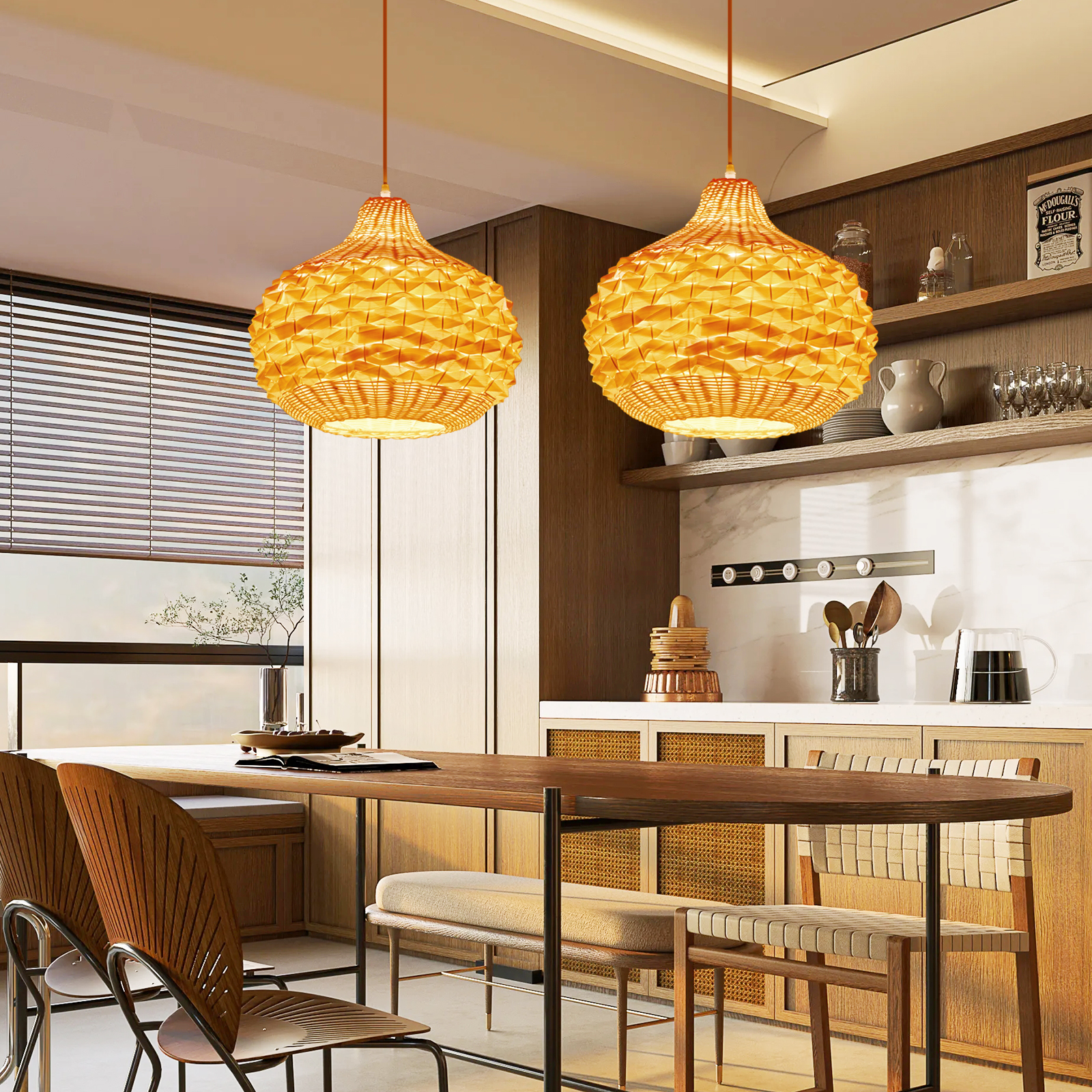 Unique Hand-Woven Rattan Pendant Light for Dining Room Kitchen Island