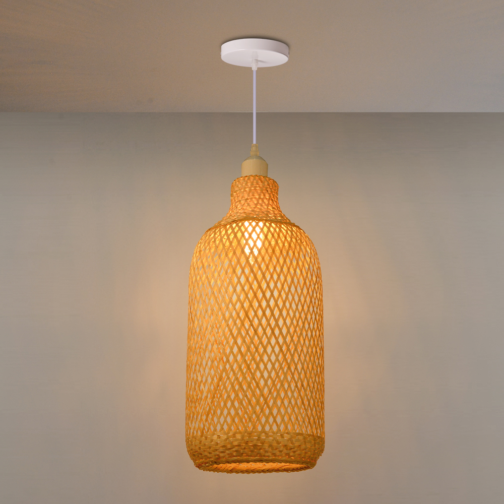 Round Tall Basket Bamboo Pendant Light Suspension Lighting Fixture