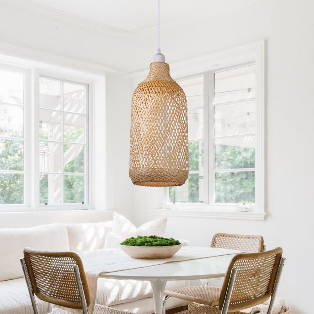 Round Tall Basket Bamboo Pendant Light Suspension Lighting Fixture