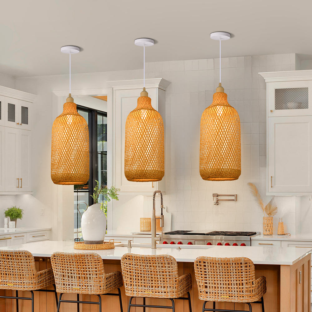 Round Tall Basket Bamboo Pendant Light Suspension Lighting Fixture