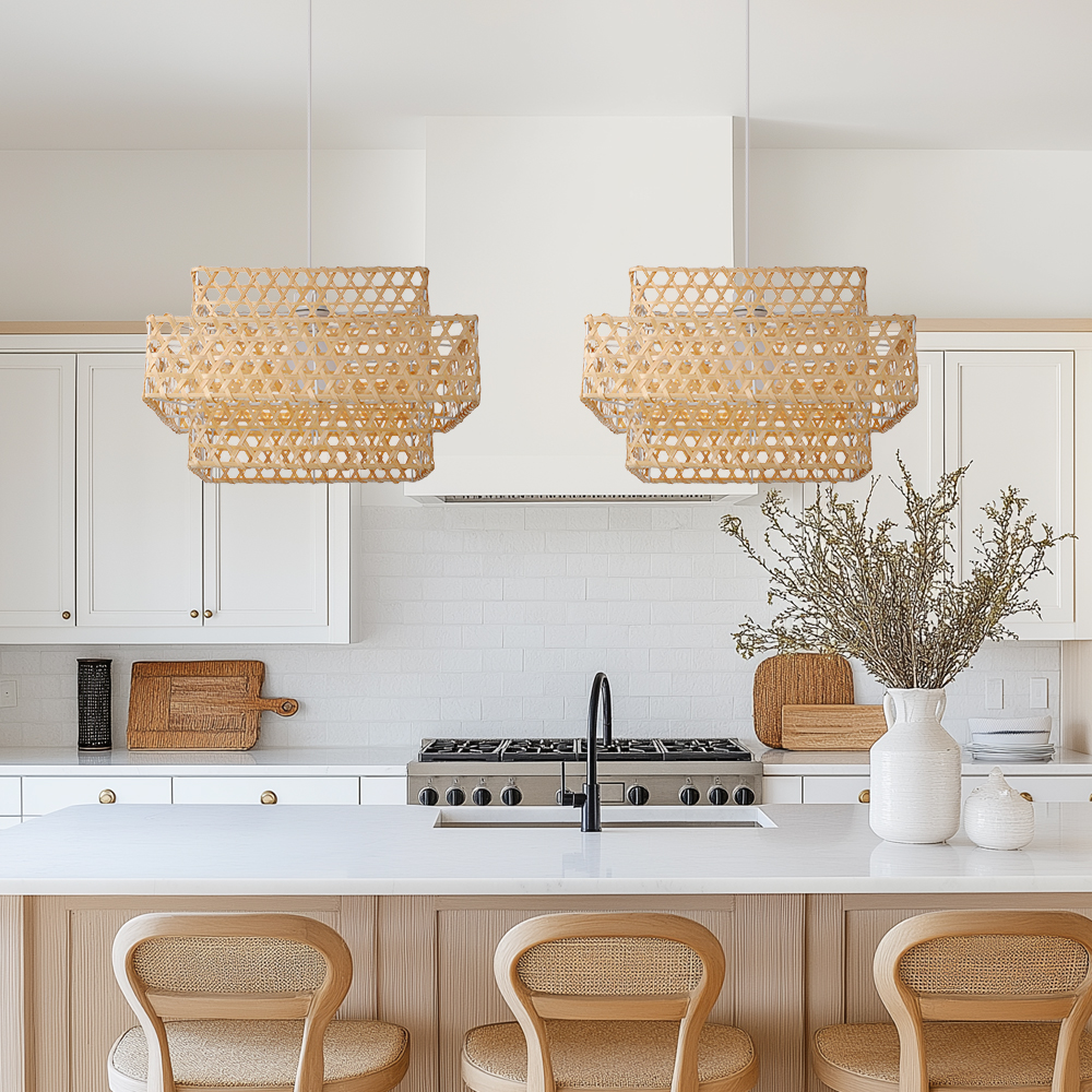 Natural Bamboo Woven Tiered Pendant Lights for Island