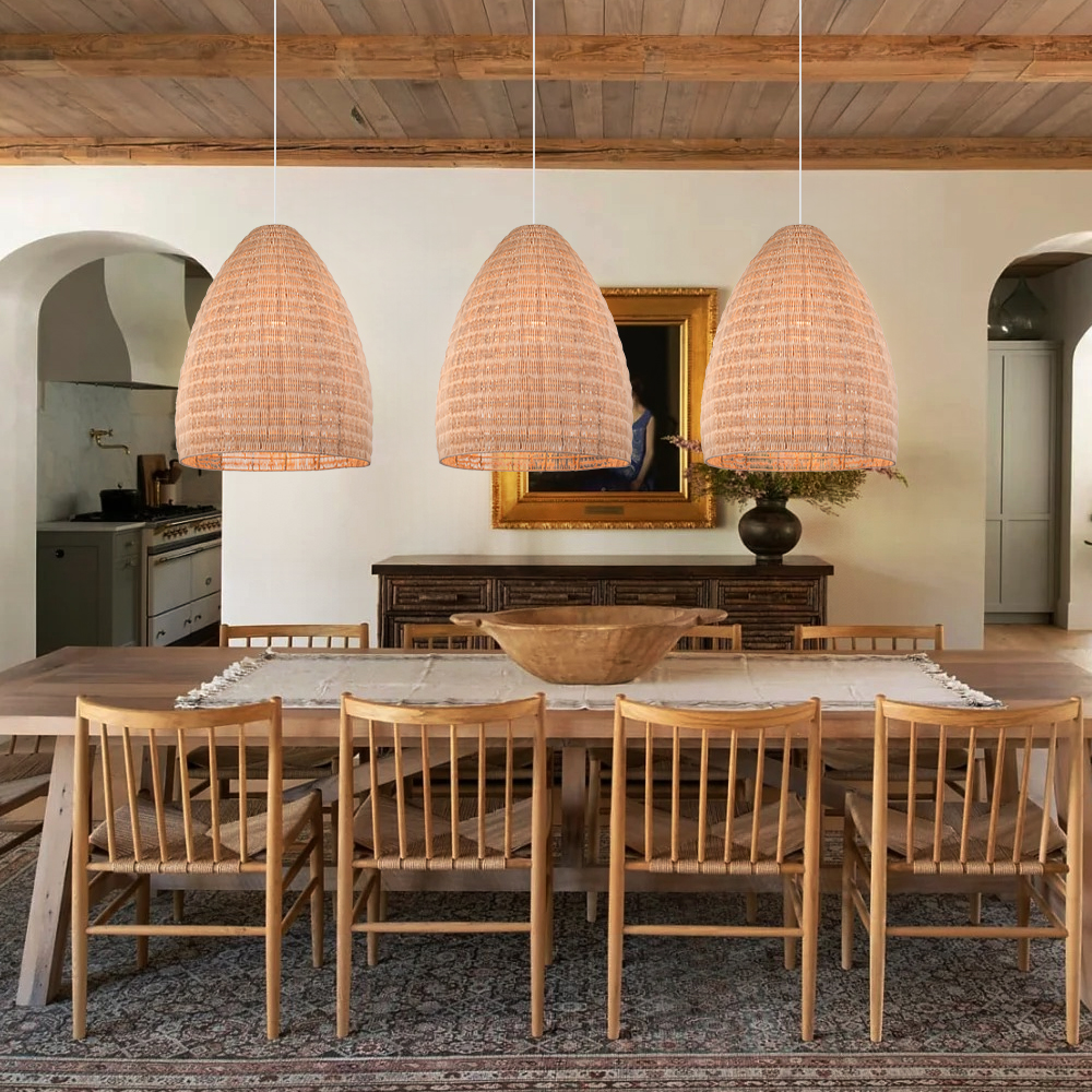 Restaurant Pendant Light Countryside Style Woven Rattan Hanging Lamp for Dining Room