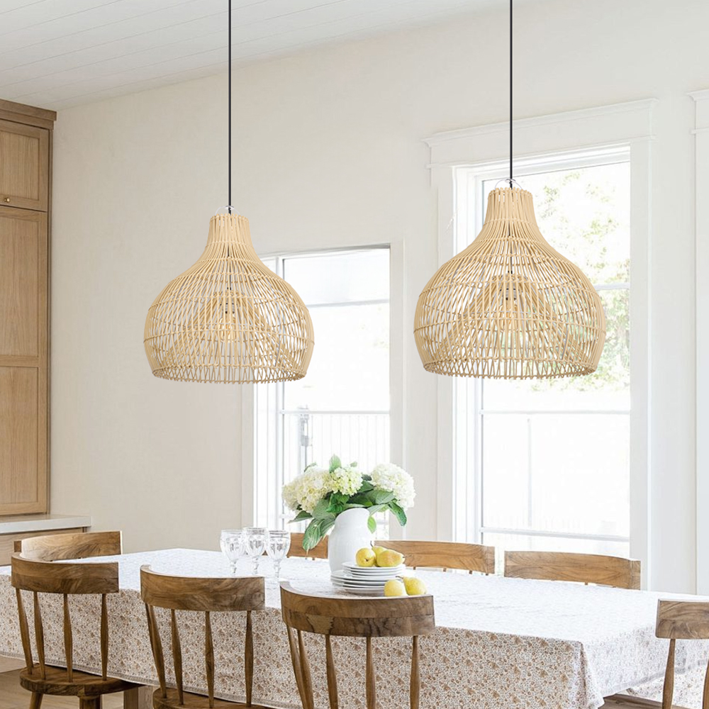 Wicker Chandelier Boho Pendant Light Basket Light Fixture for Kitchen Island Dining Room