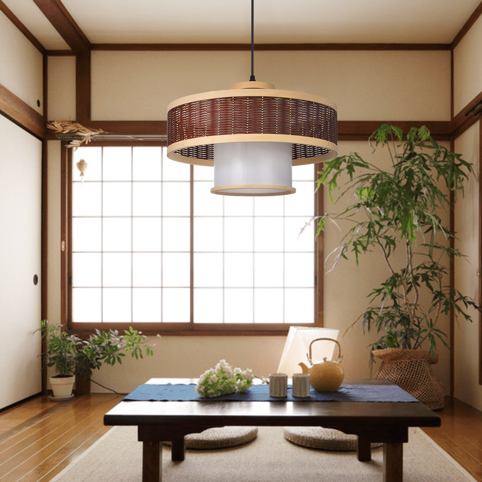 Wabi-Sabi Contemporary Rattan Pendant Light Rustic Bamboo Chandeliers for Living Room