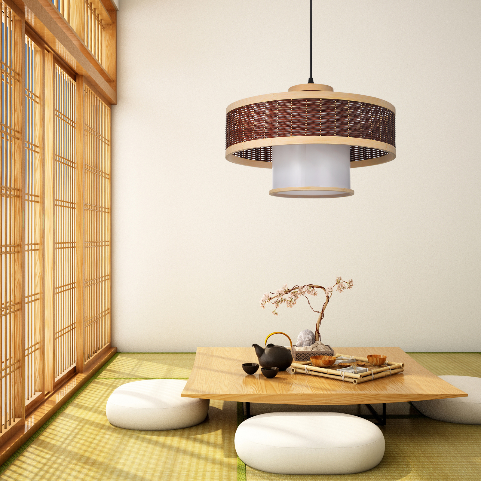 Wabi-Sabi Contemporary Rattan Pendant Light Rustic Bamboo Chandeliers for Living Room