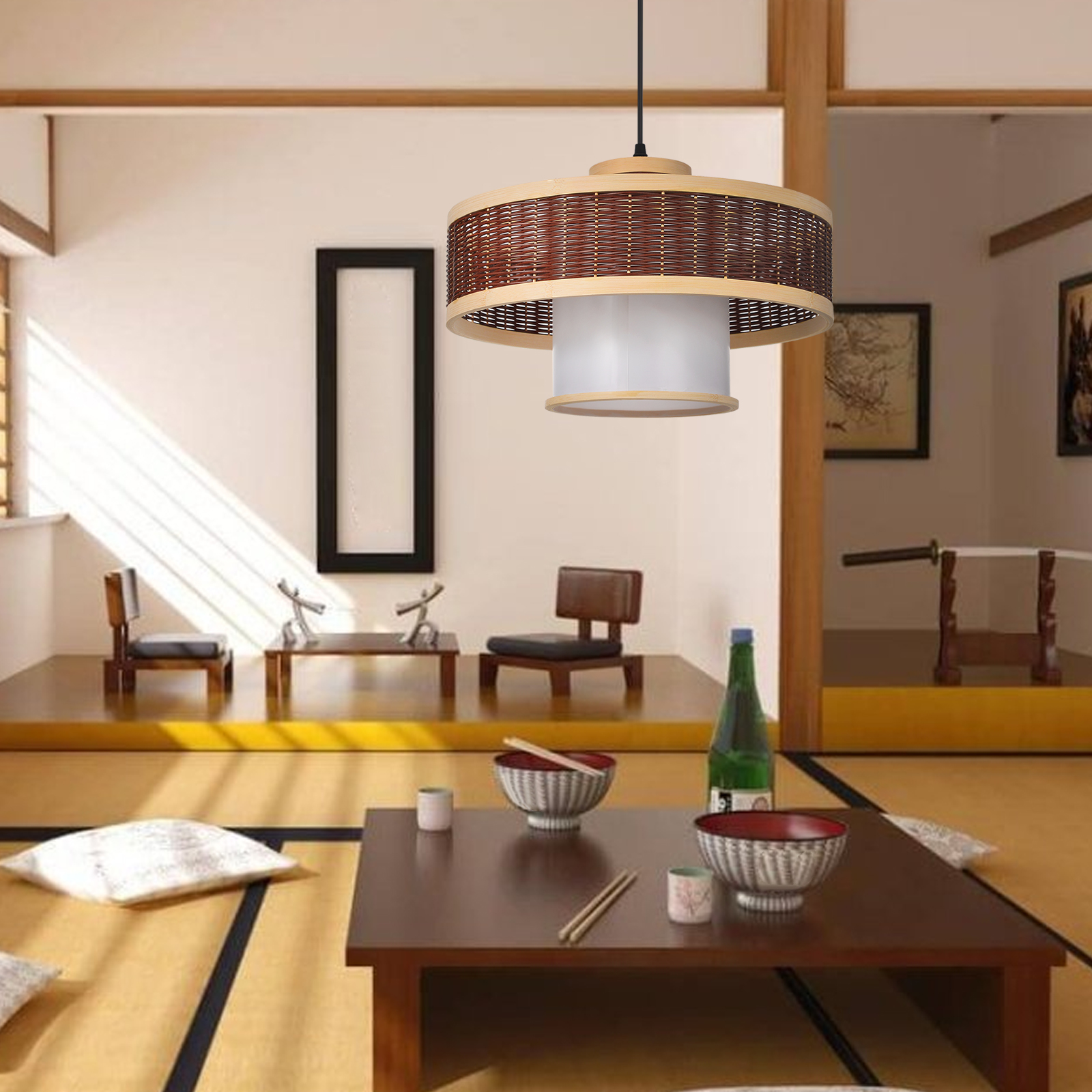 Wabi-Sabi Contemporary Rattan Pendant Light Rustic Bamboo Chandeliers for Living Room