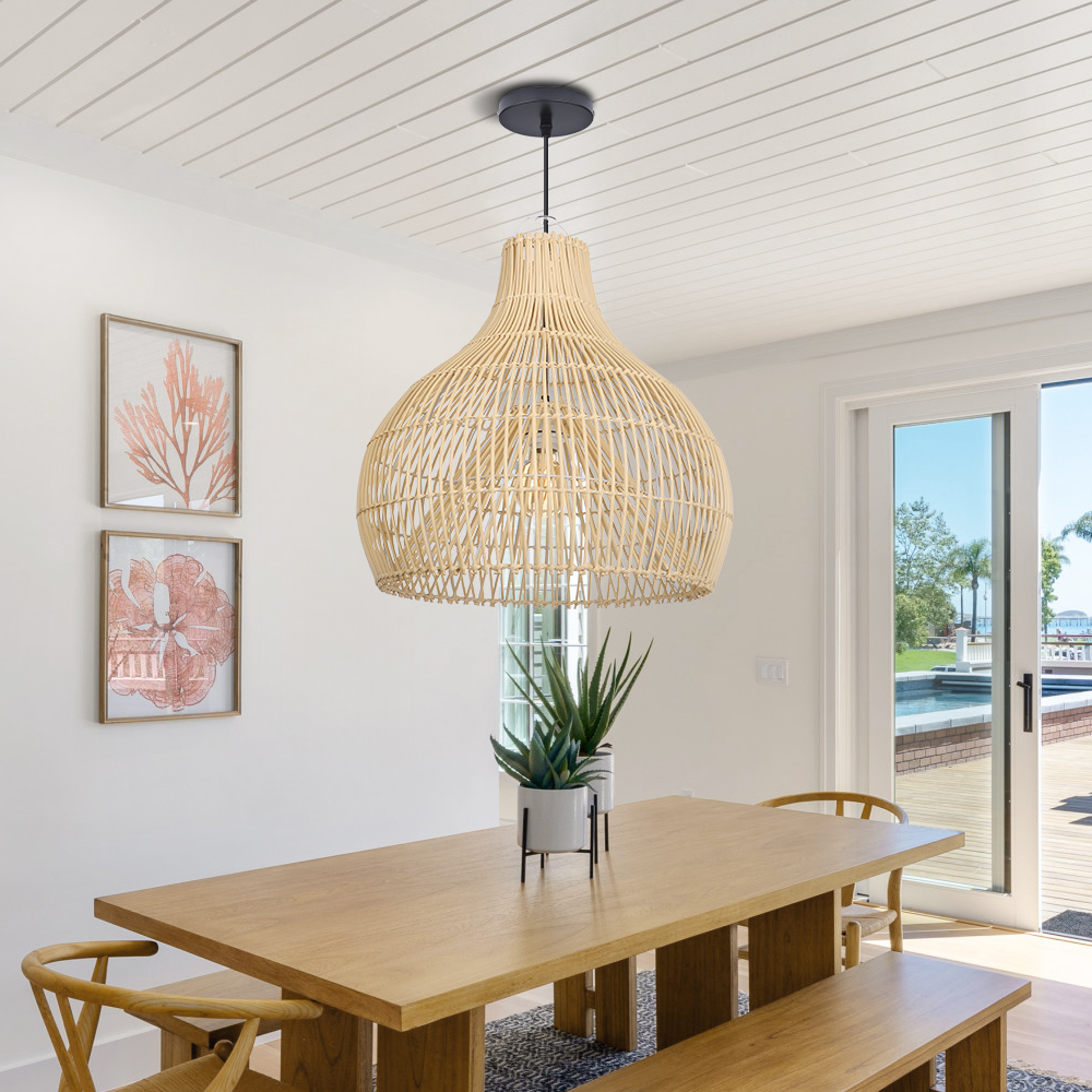 Wicker Chandelier Boho Pendant Light Basket Light Fixture for Kitchen Island Dining Room