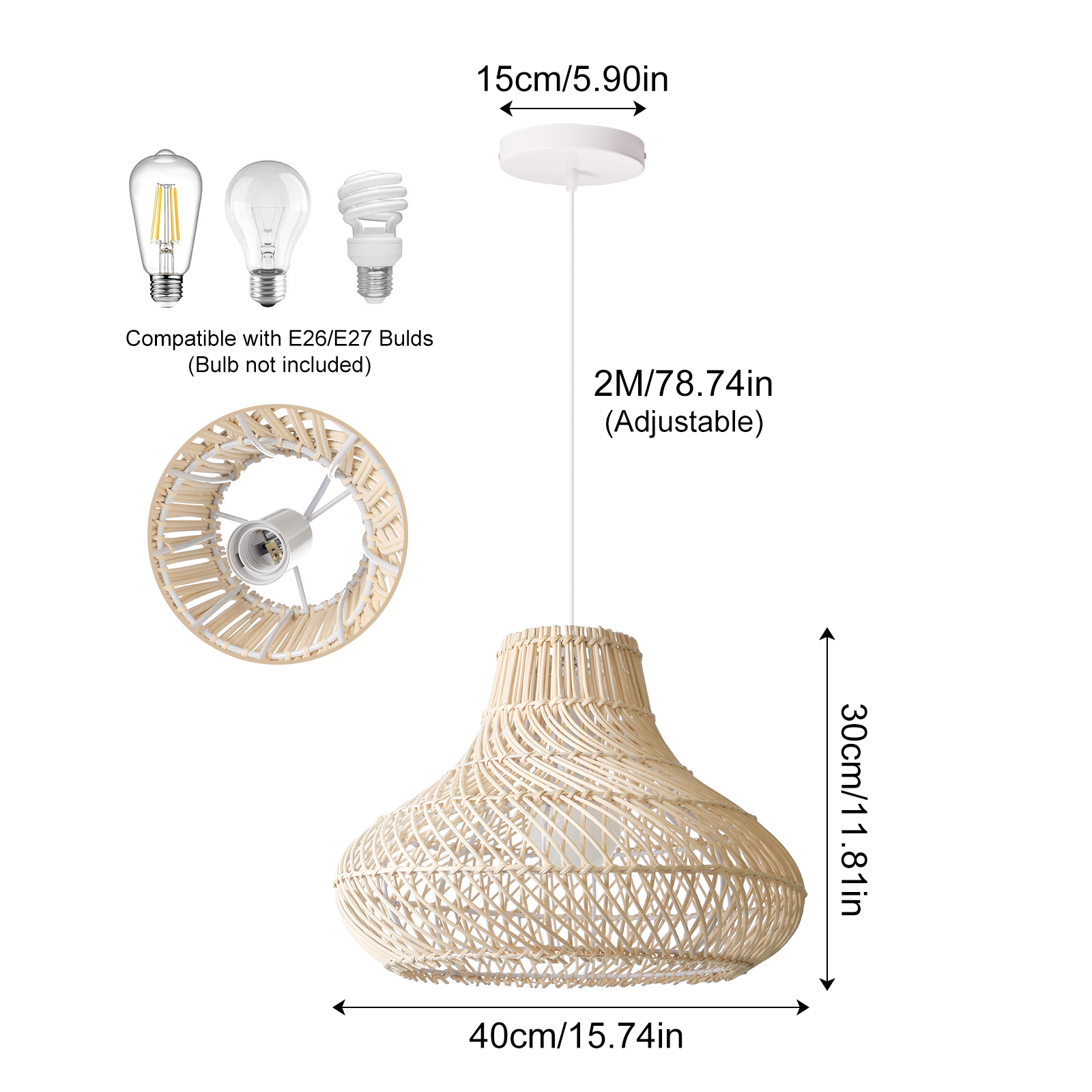 Natural Rattan Pendant Lamp Dining Room Hanging Lampshade