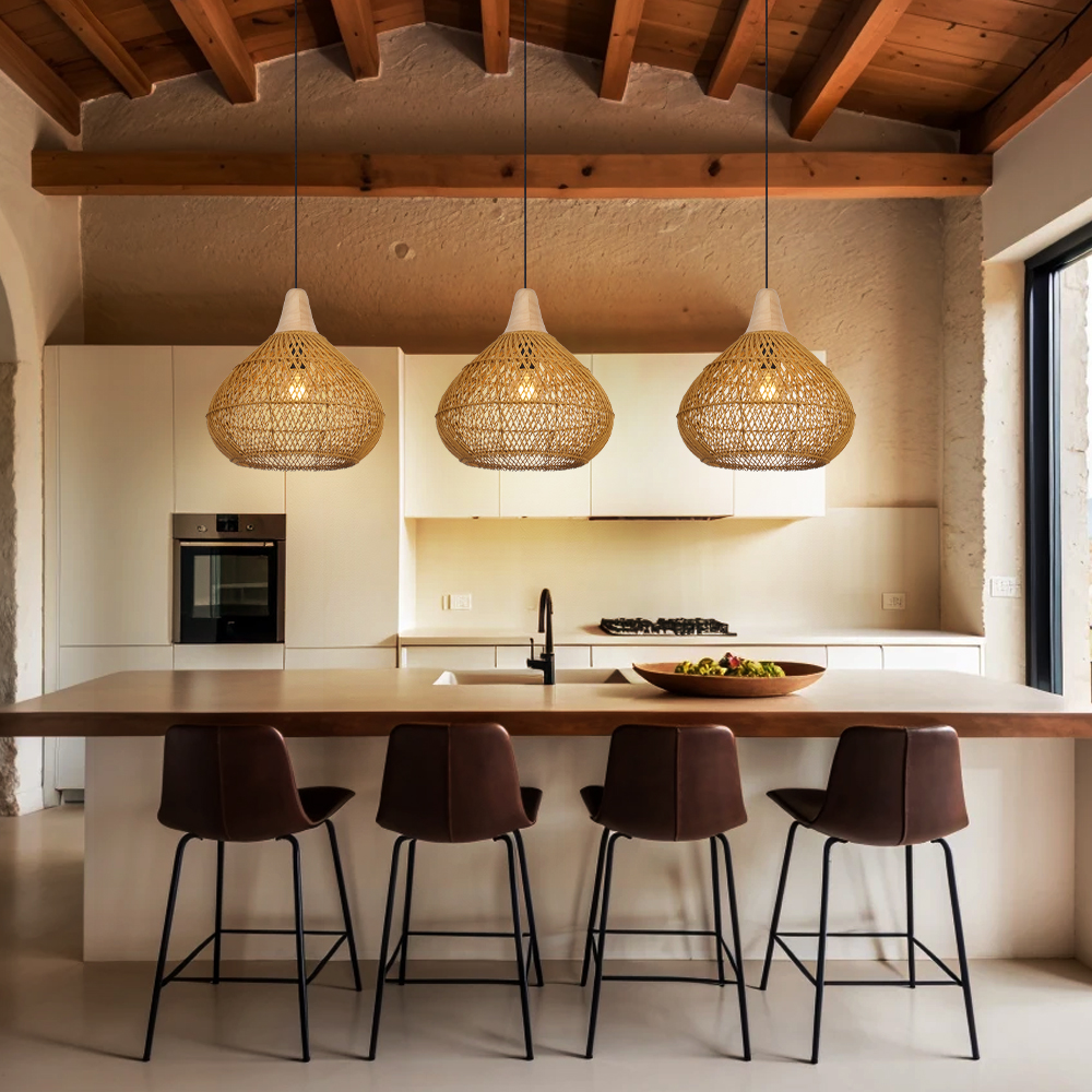 Boho Farmhouse Handcrafted Rattan Pendant Light for Kitchen Island