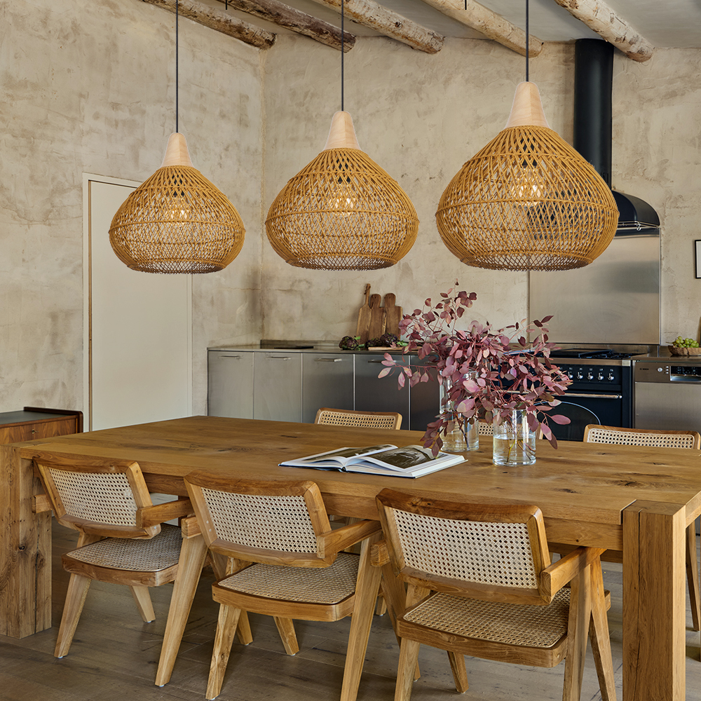 Boho Farmhouse Handcrafted Rattan Pendant Light for Kitchen Island