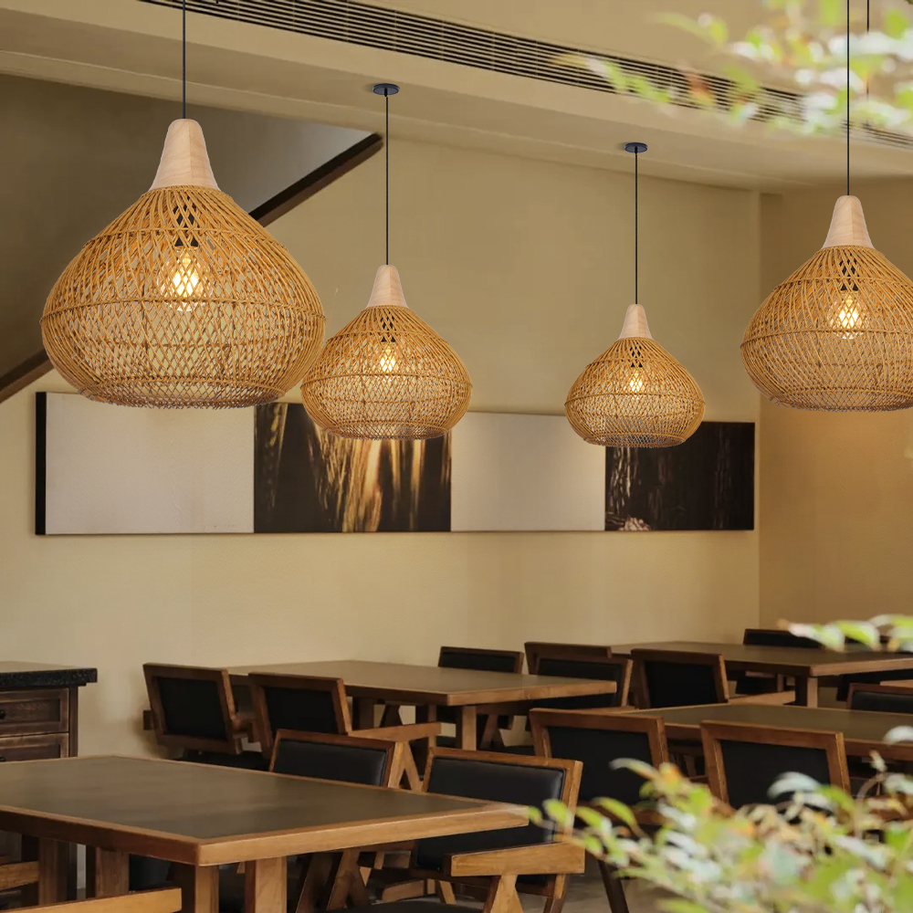 Boho Farmhouse Handcrafted Rattan Pendant Light for Kitchen Island
