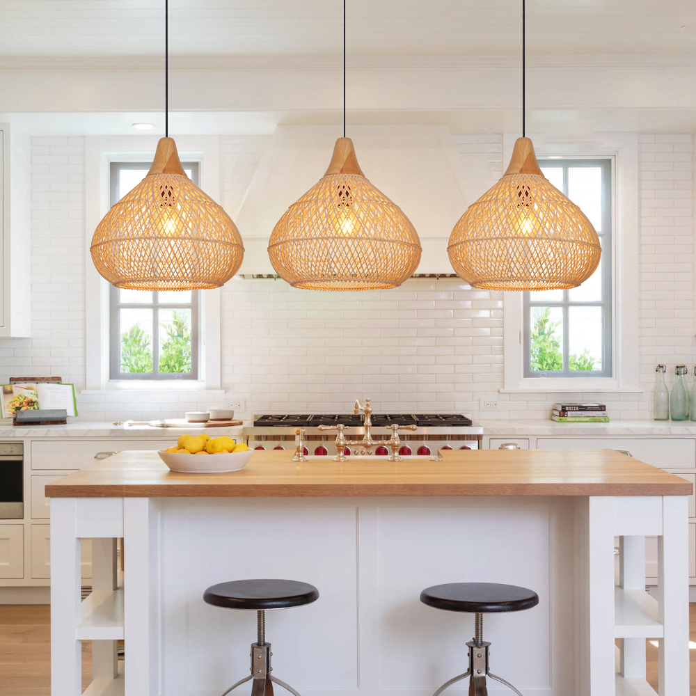 Boho Farmhouse Handcrafted Rattan Pendant Light for Kitchen Island