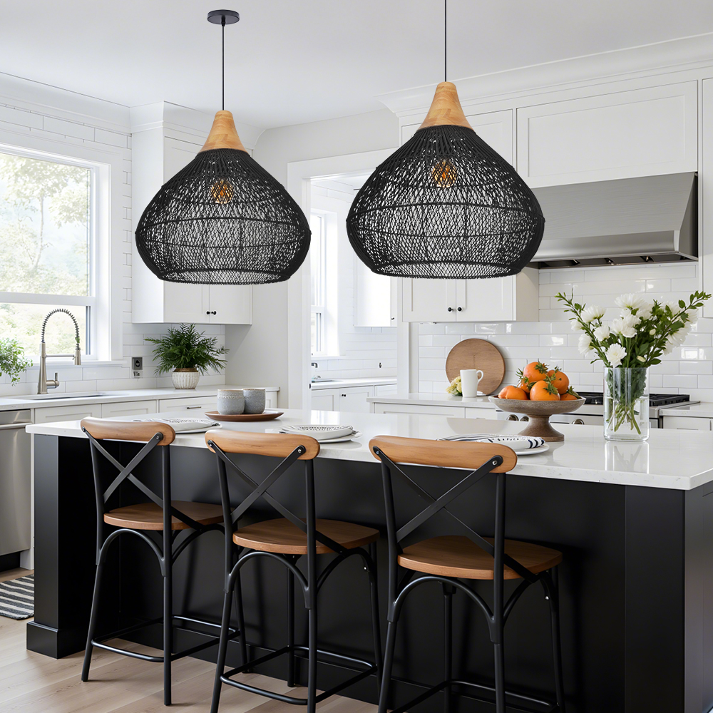 Boho Farmhouse Handcrafted Rattan Pendant Light for Kitchen Island