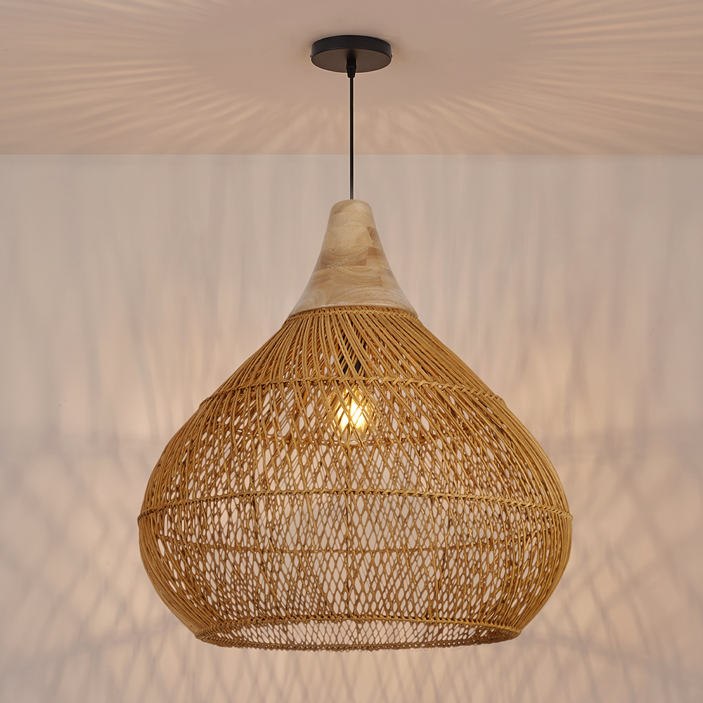 Boho Farmhouse Handcrafted Rattan Pendant Light for Kitchen Island