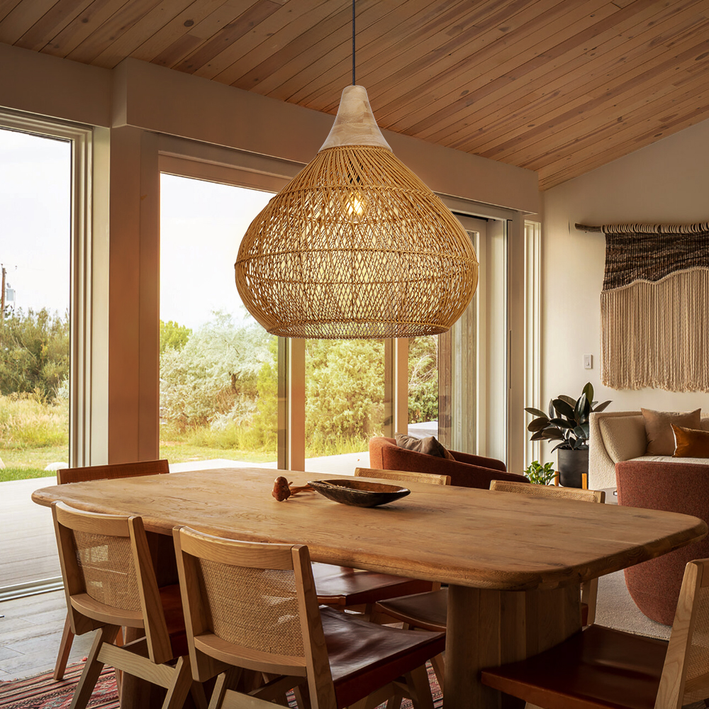 Boho Farmhouse Handcrafted Rattan Pendant Light for Kitchen Island