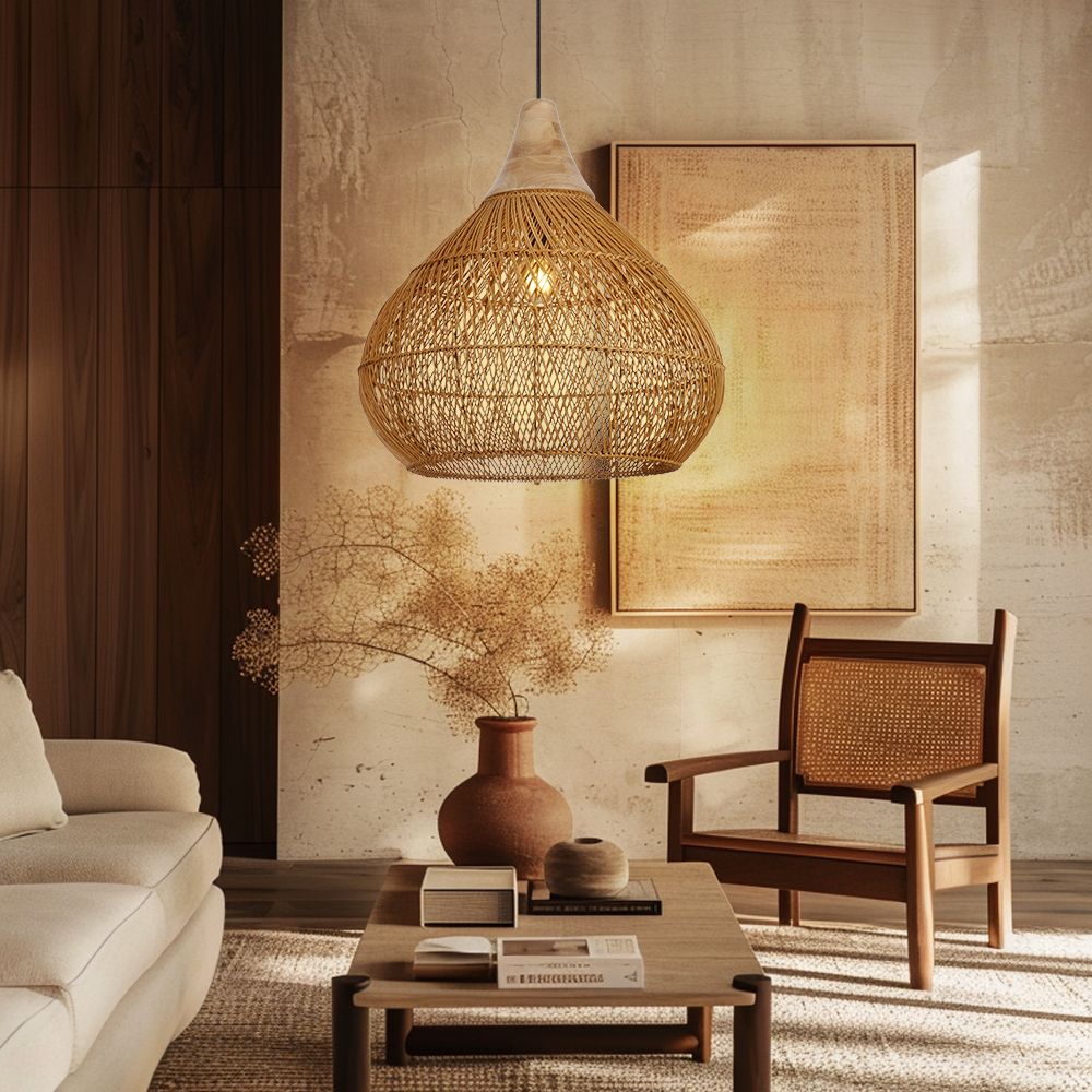 Boho Farmhouse Handcrafted Rattan Pendant Light for Kitchen Island