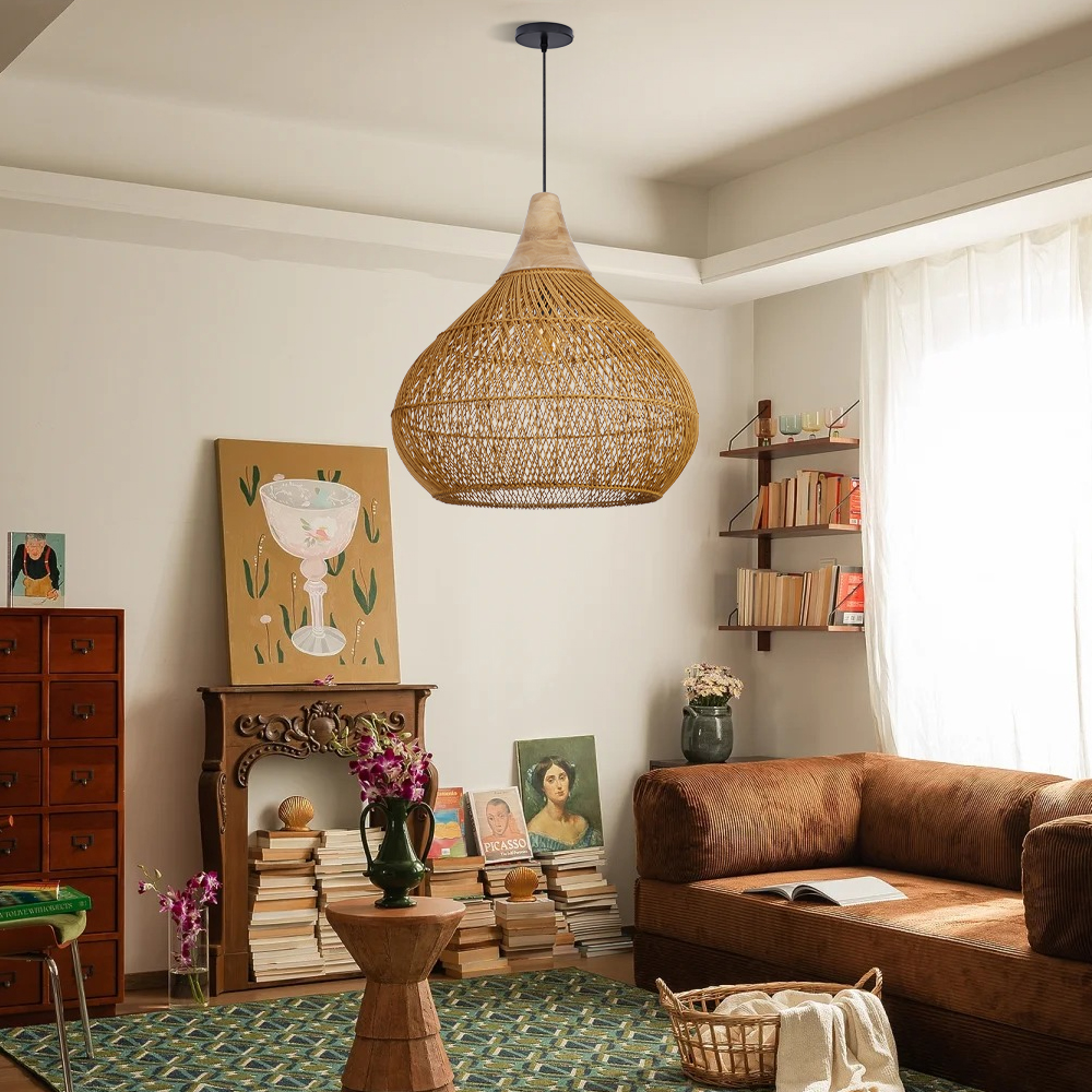 Boho Farmhouse Handcrafted Rattan Pendant Light for Kitchen Island
