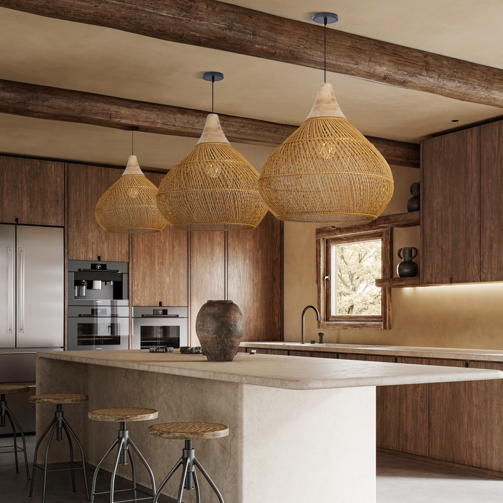Boho Farmhouse Handcrafted Rattan Pendant Light for Kitchen Island