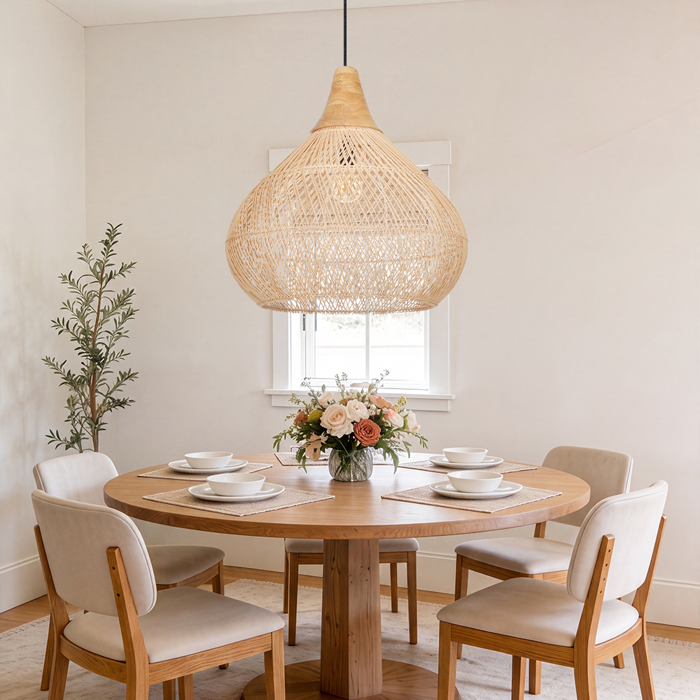 Boho Farmhouse Handcrafted Rattan Pendant Light for Kitchen Island