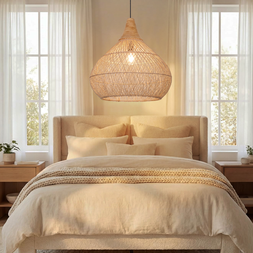 Boho Farmhouse Handcrafted Rattan Pendant Light for Kitchen Island