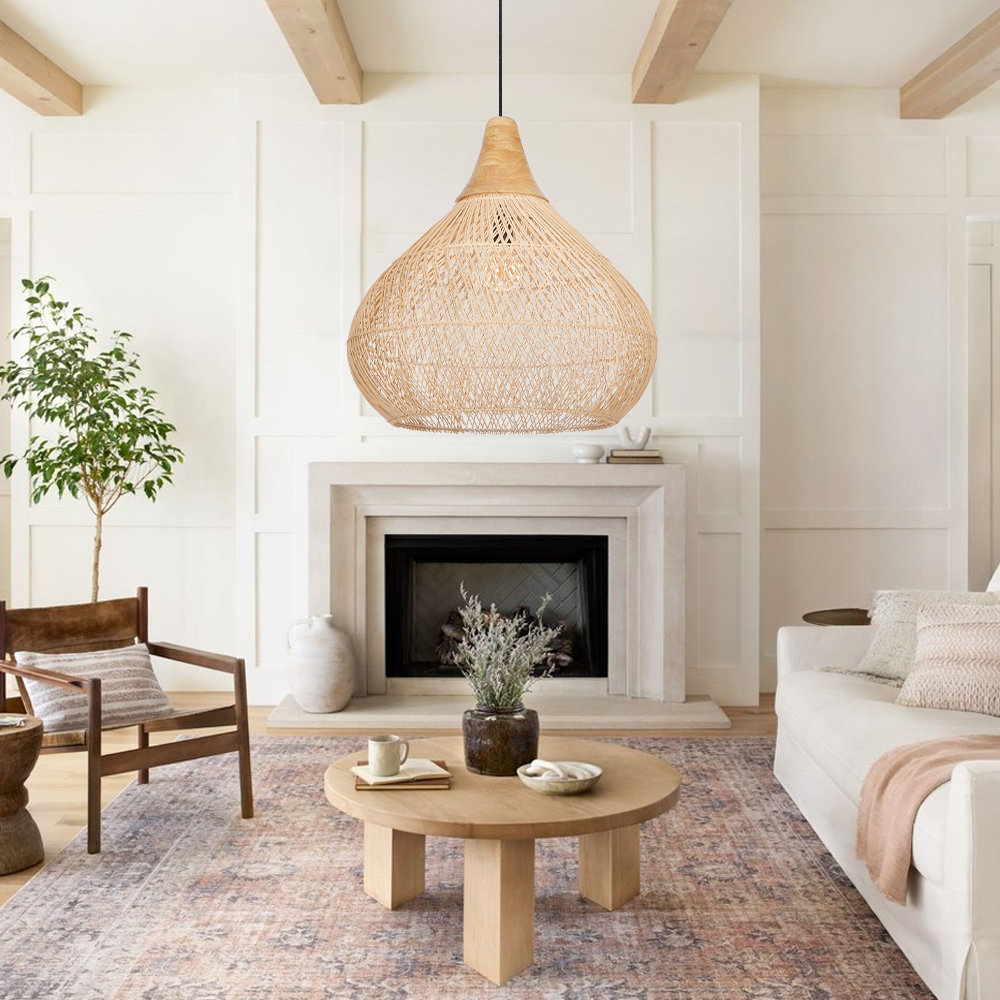 Boho Farmhouse Handcrafted Rattan Pendant Light for Kitchen Island