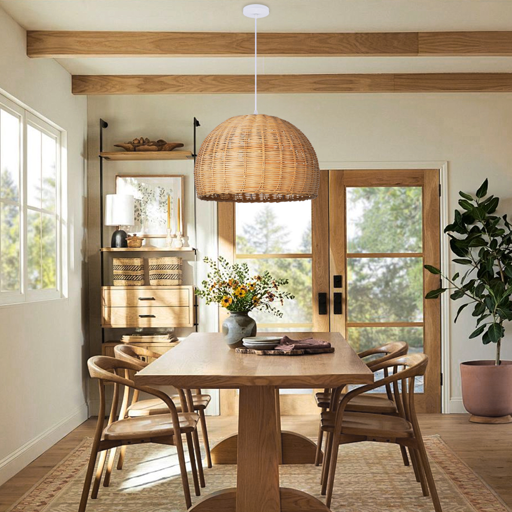 Scandinavian Rattan Pendant Light Rustic Handwoven Chandelier Over Dining Table