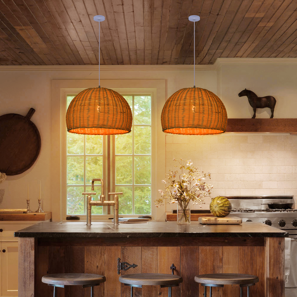 Scandinavian Rattan Pendant Light Rustic Handwoven Chandelier Over Dining Table