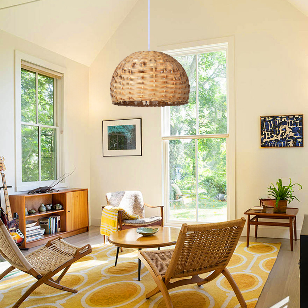 Scandinavian Rattan Pendant Light Rustic Handwoven Chandelier Over Dining Table