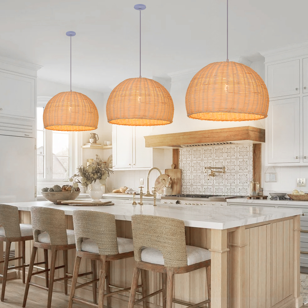 Scandinavian Rattan Pendant Light Rustic Handwoven Chandelier Over Dining Table