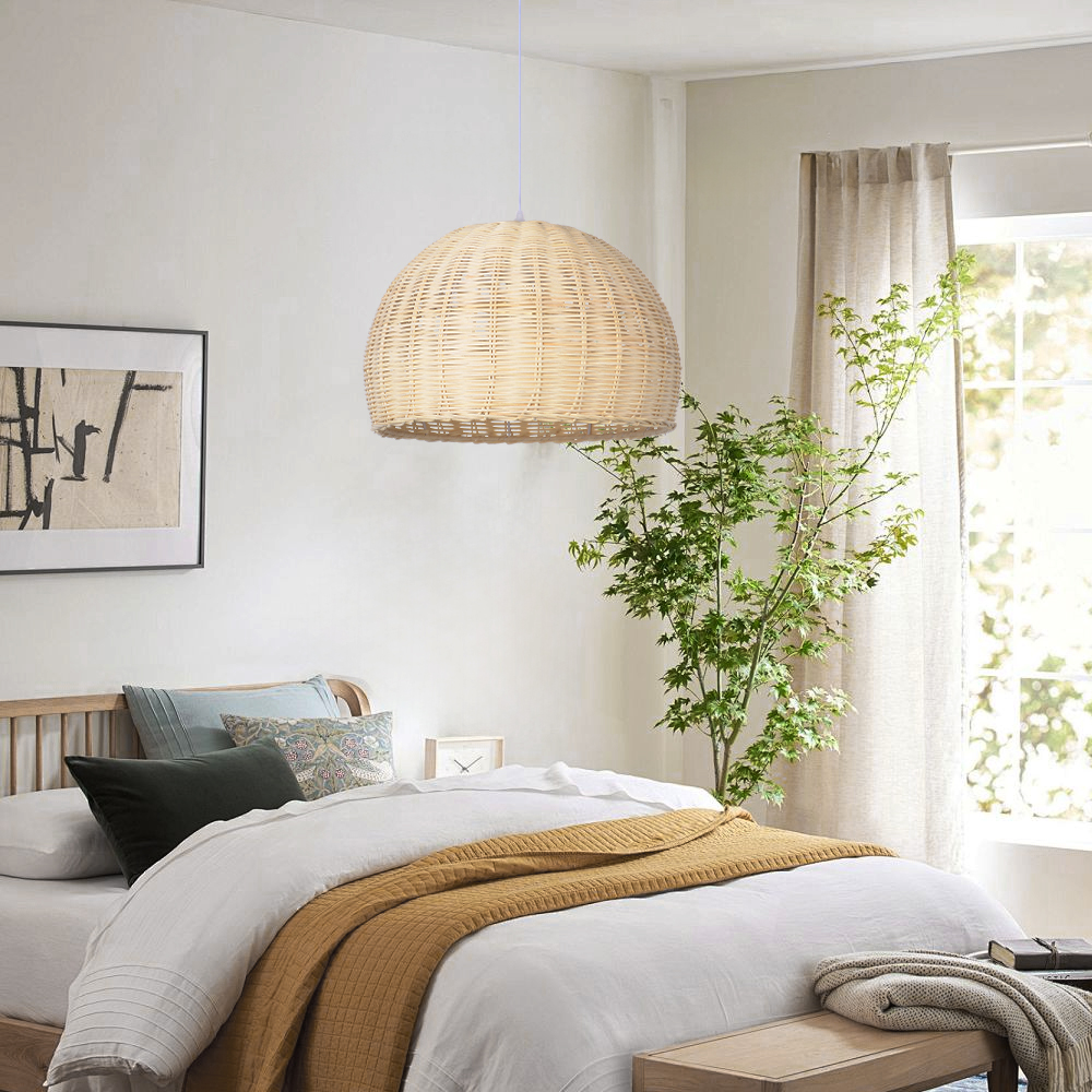 Scandinavian Rattan Pendant Light Rustic Handwoven Chandelier Over Dining Table
