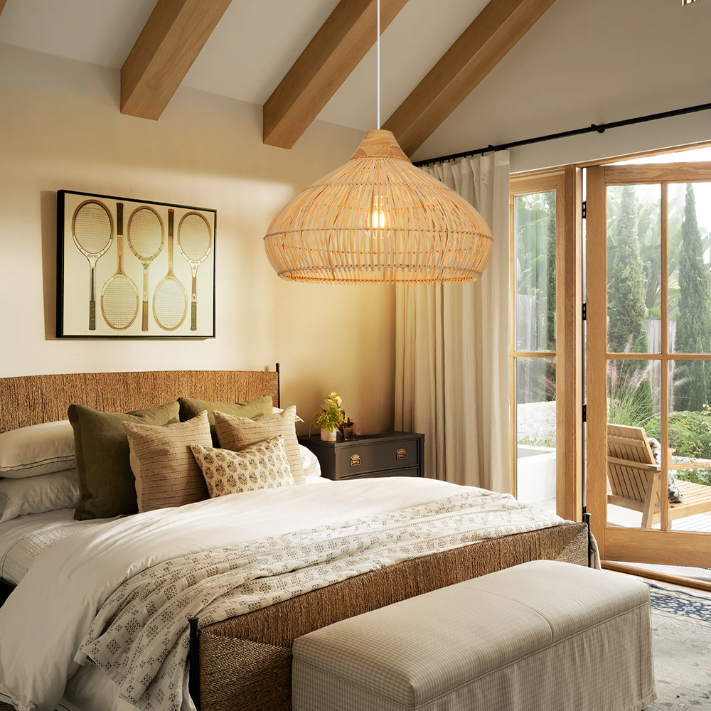 Coastal Lampshade Handmade Natural Woven Lamp Wooden Top Rattan Pendant Light