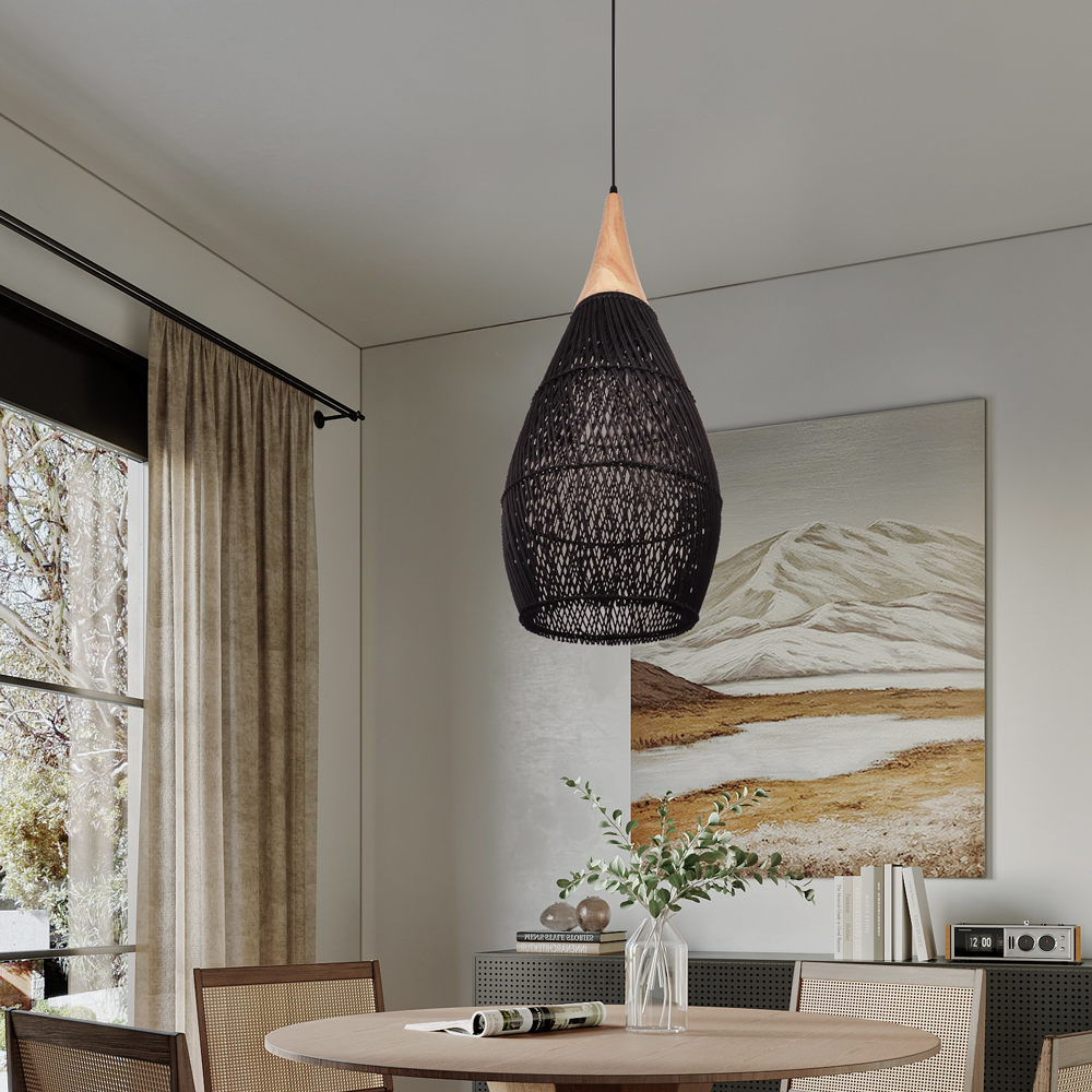 Rattan Wood Hanging Lamp Farmhouse Vintage Living Room Water Drop Chandelier