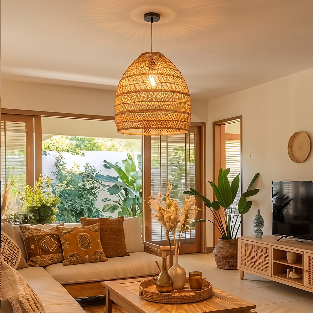 Boho Living Room Hanging Lamp Natural Wicker Pendant Light for B&Bs