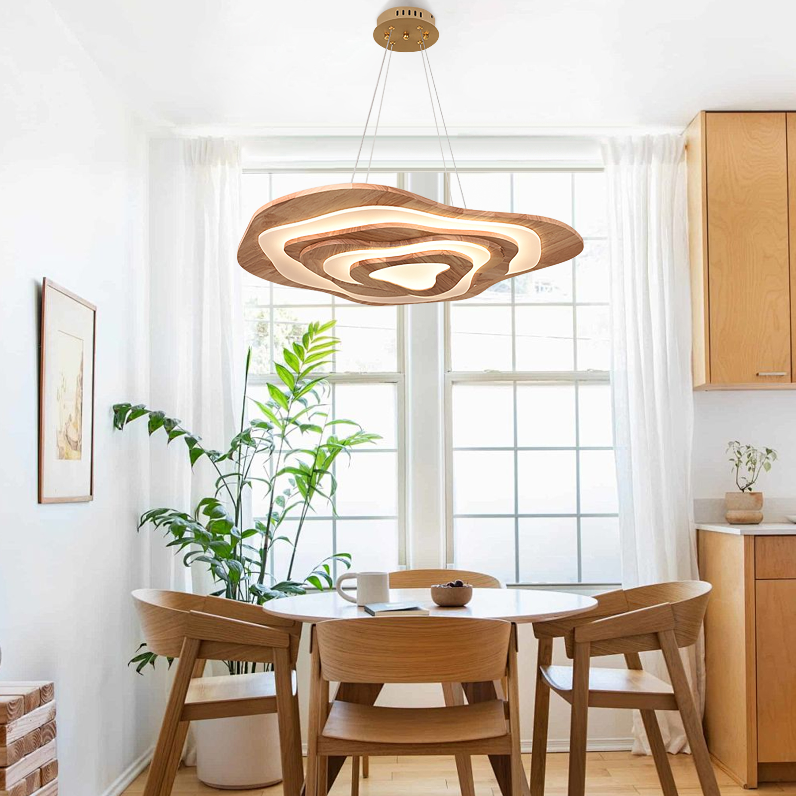 Nordic Irregular Solid Wooden Pendant Light Living Room Dining Room Dimmable Chandelier