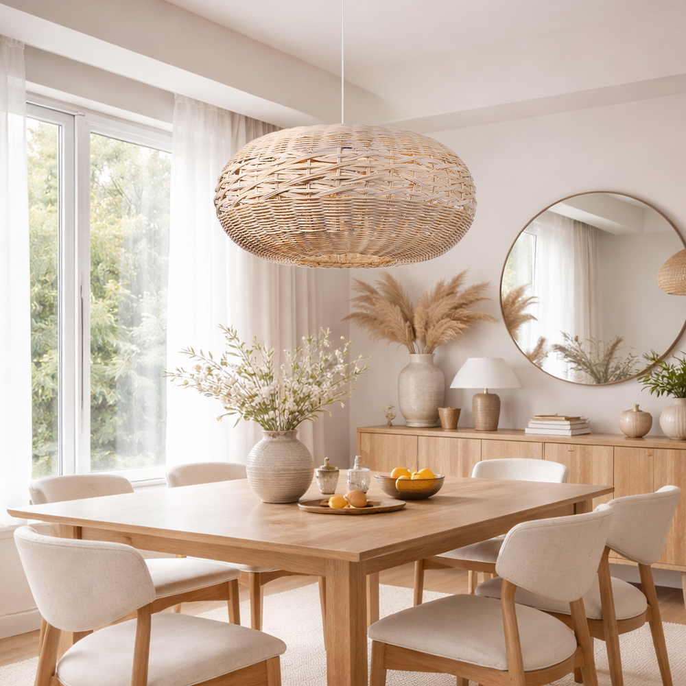 Oval Open-Weave Rattan Pendant Light for Bedroom