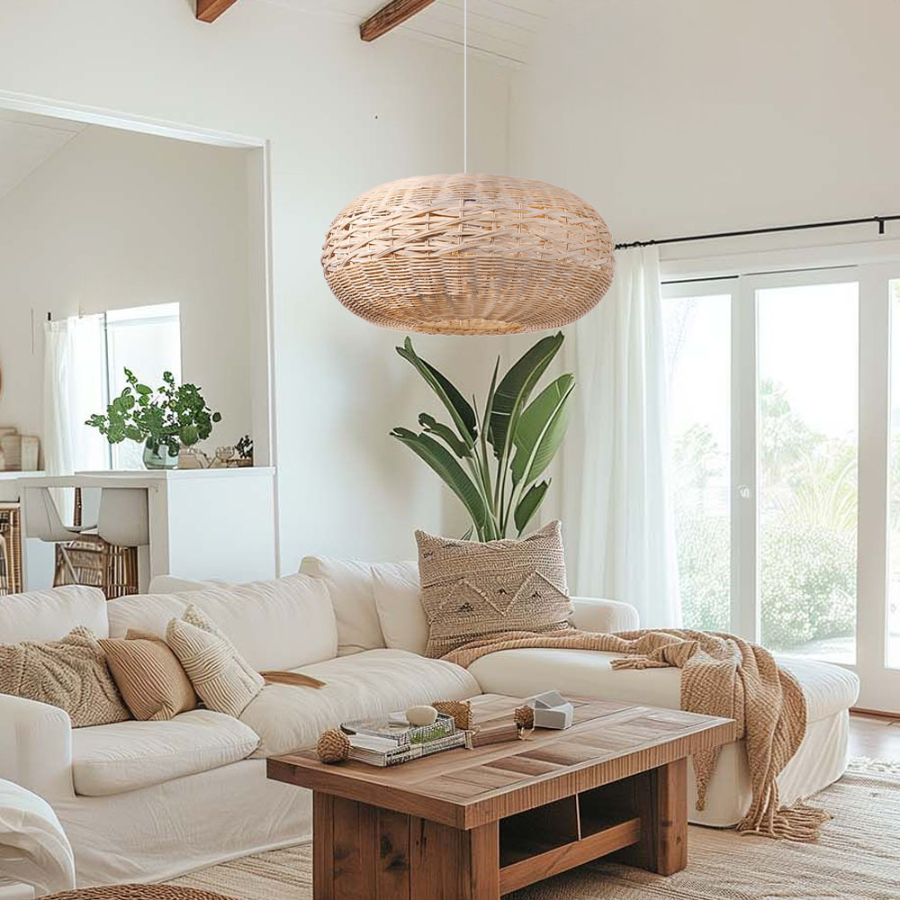 Oval Open-Weave Rattan Pendant Light for Bedroom